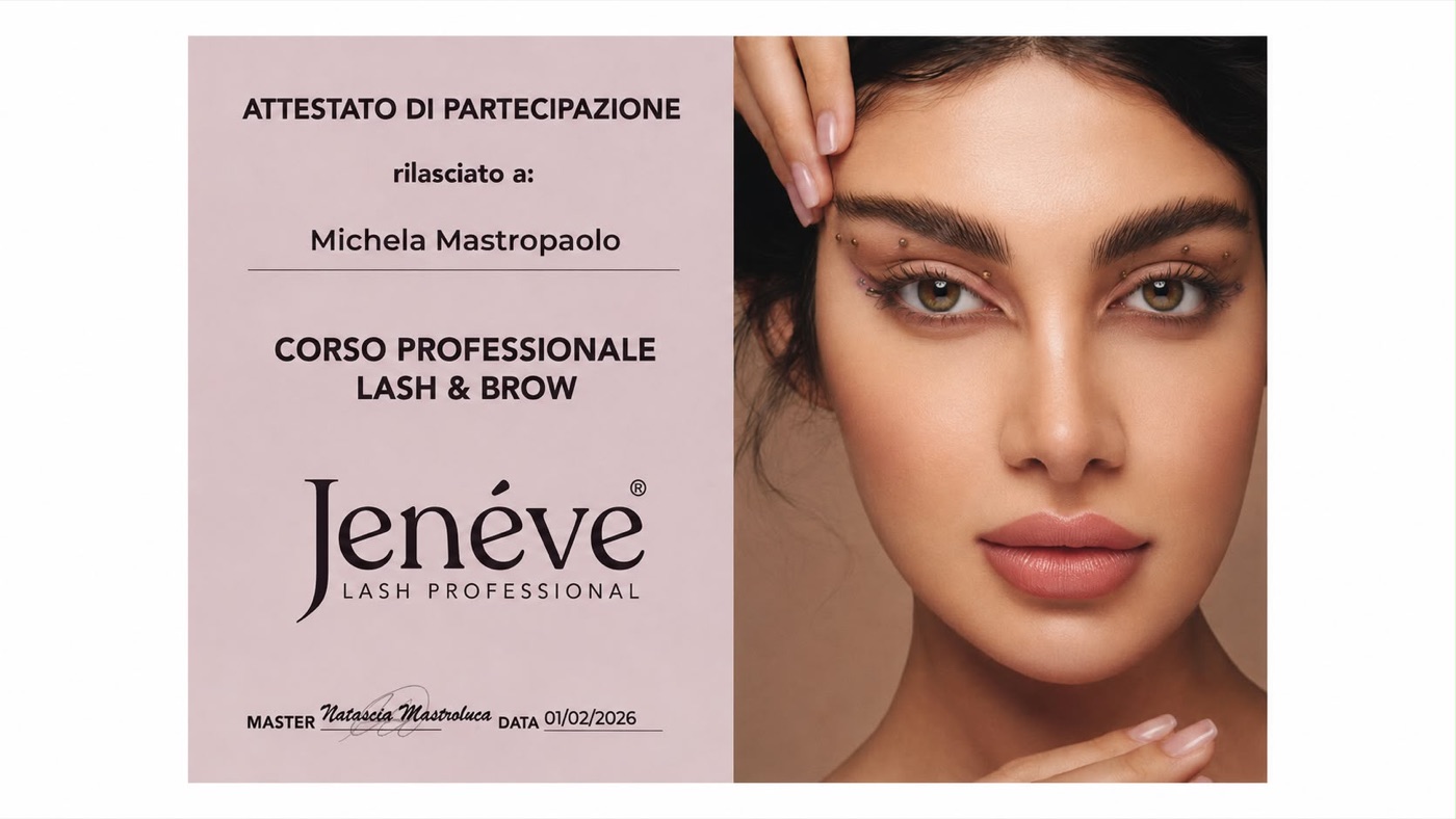 Attestato Jen&eacute;ve Lash Professional — Corso professionale Lash & Brow rilasciato a Michela Mastropaolo